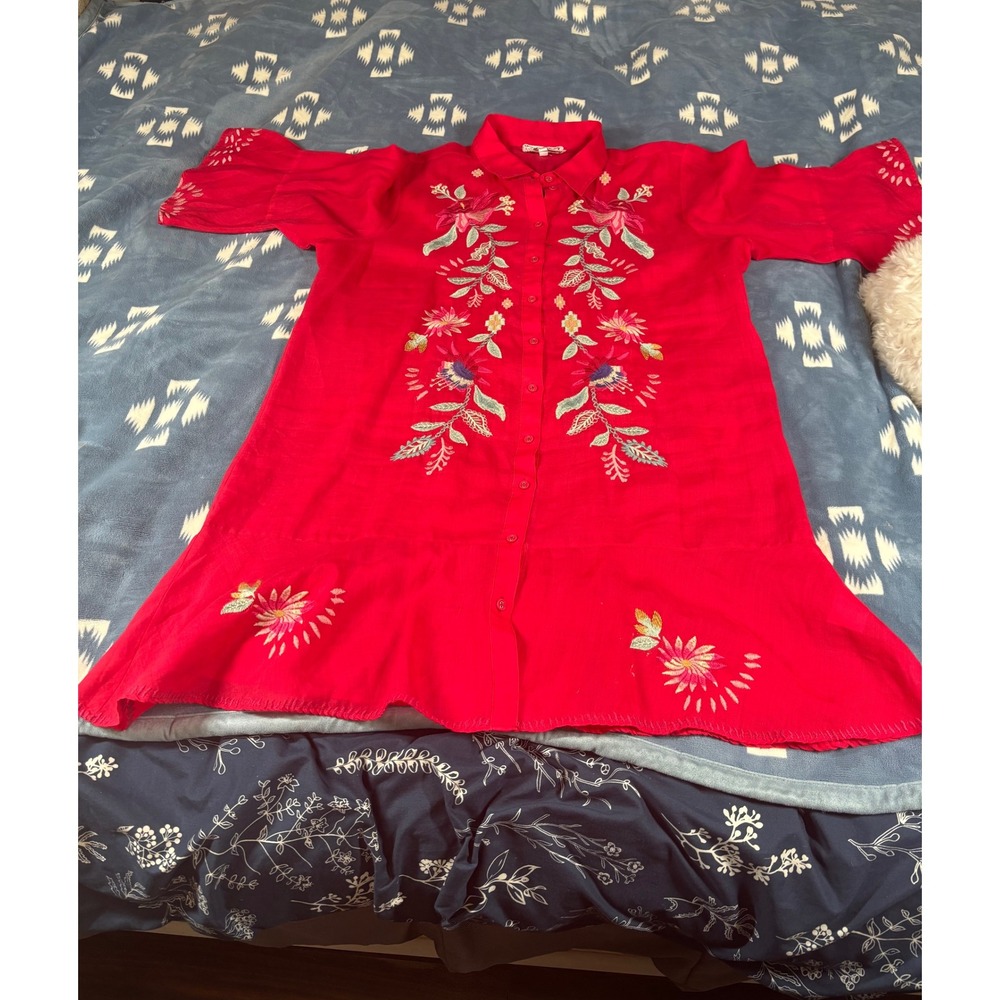 Johnny Was Weekend Red Embroidered Floral Button Down Tunic Dress Womens XL
